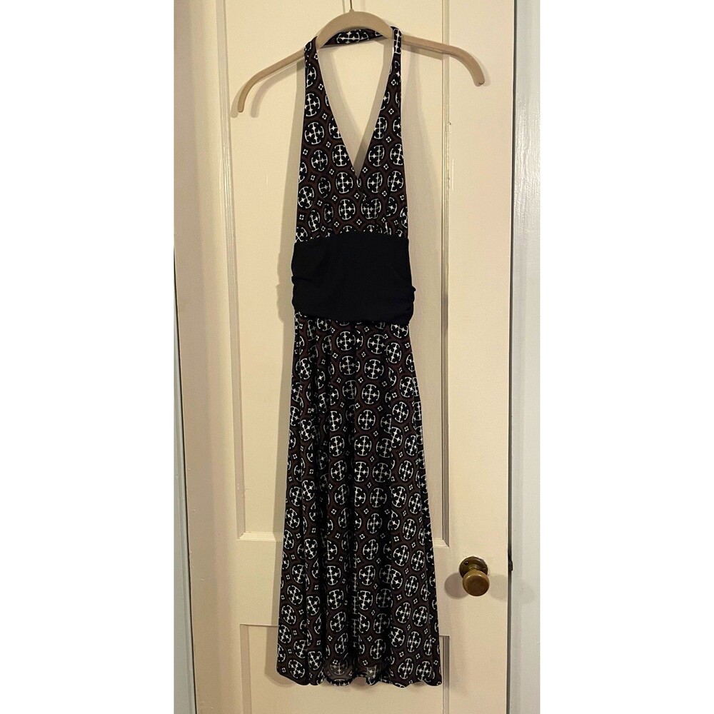 Donna Morgan Women’s 4 Black Brown White Geometric Chiffon V-Neck Halter Dress